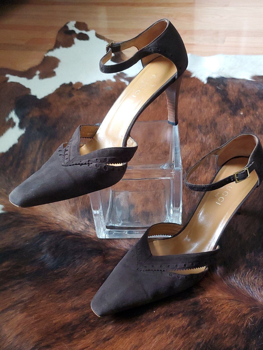 Gucci Brown Suede Pointed Ankle-Strap Heels